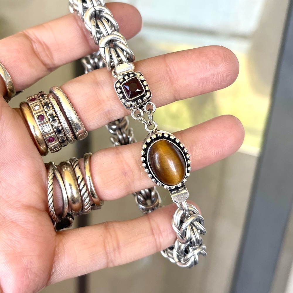 Handmade bizantine link chain bracelet with red garnet & tiger eye men bracelet - Picture 14 of 16